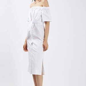 Topshop Midi Dress White Poplin Bow Bardot